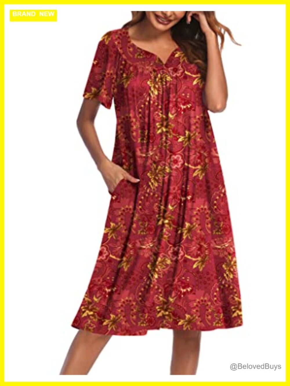 Women's Floral House Dress with Pockets Short Sleeve V-Neck Lounge Nightgown